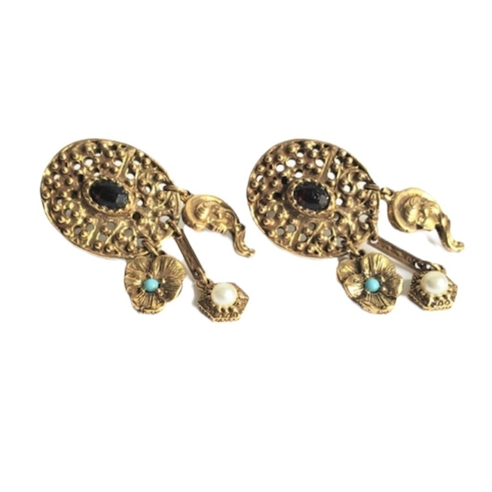 Vintage Art Nouveau Style Clip-On Earrings Gold Tone Drop Dangle Faux Gemstone
